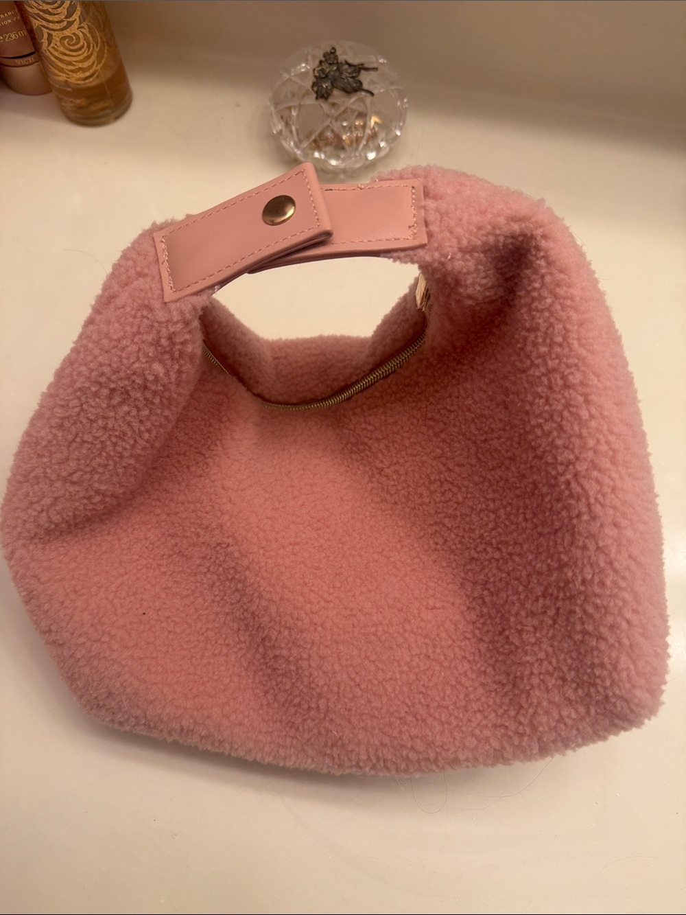 Pink Sherpa makeup Bag with Snap Handle